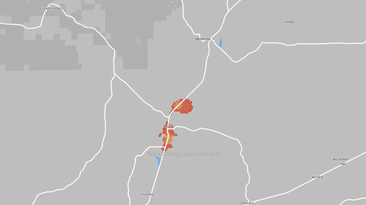 Walk Grade map of 39338, MS, walkable areas in green and car-dependent areas in red