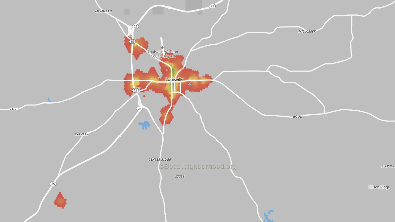 Walk Grade map of 39339, MS, walkable areas in green and car-dependent areas in red