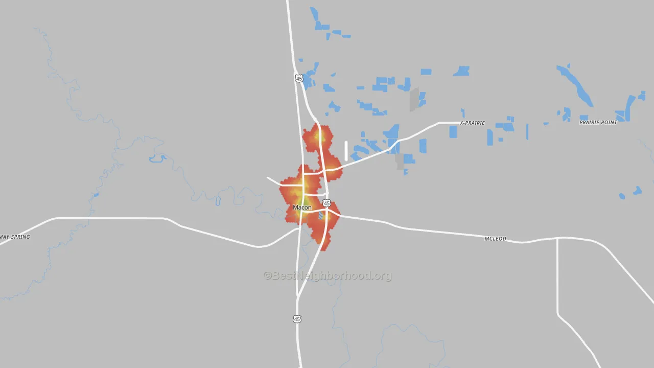 Walk Grade map of 39341, MS, walkable areas in green and car-dependent areas in red