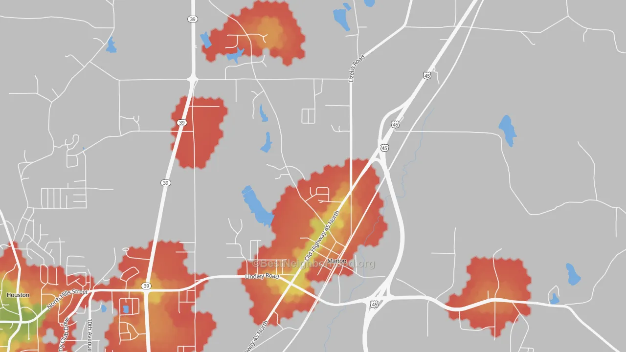 Walk Grade map of 39342, MS, walkable areas in green and car-dependent areas in red