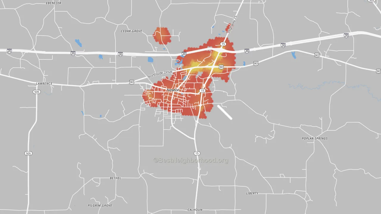 Walk Grade map of 39345, MS, walkable areas in green and car-dependent areas in red