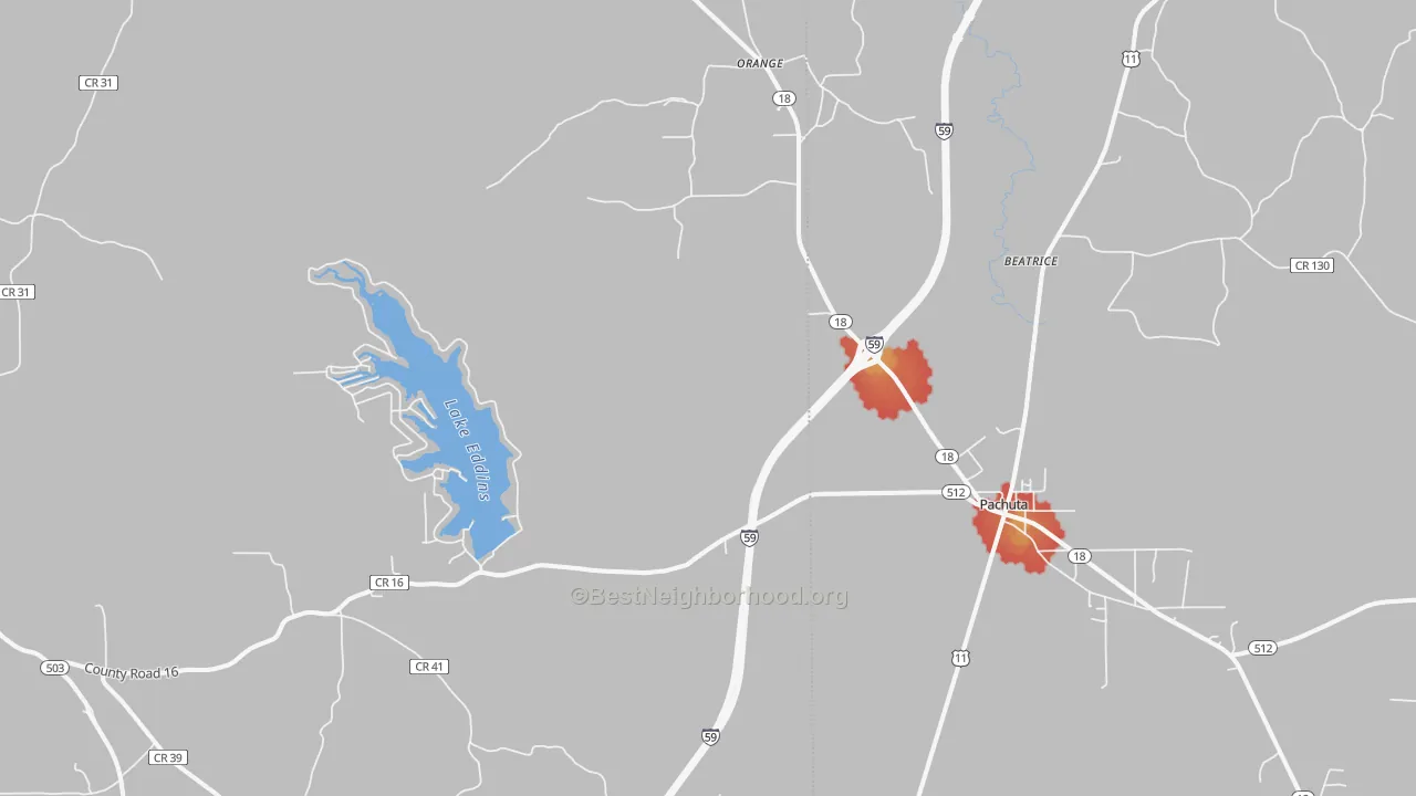 Walk Grade map of 39347, MS, walkable areas in green and car-dependent areas in red