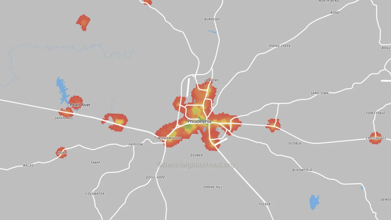 Walk Grade map of 39350, MS, walkable areas in green and car-dependent areas in red