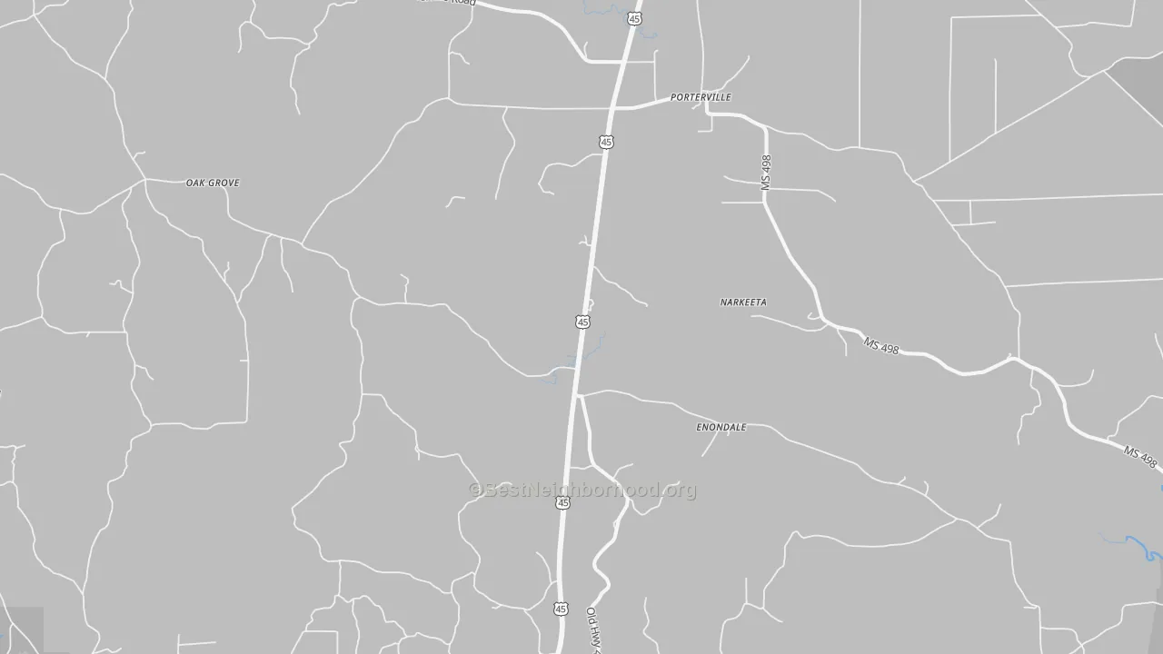 Walk Grade map of 39352, MS, walkable areas in green and car-dependent areas in red