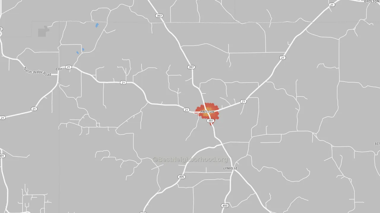 Walk Grade map of 39354, MS, walkable areas in green and car-dependent areas in red
