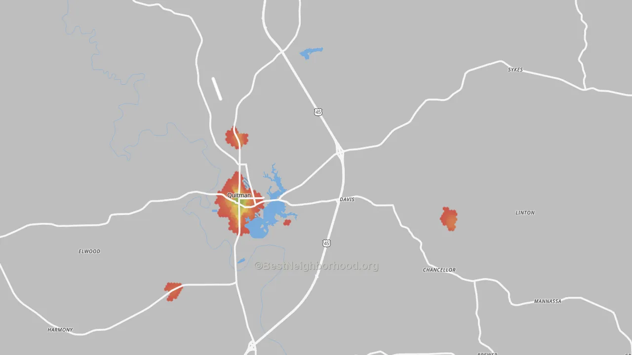 Walk Grade map of 39355, MS, walkable areas in green and car-dependent areas in red