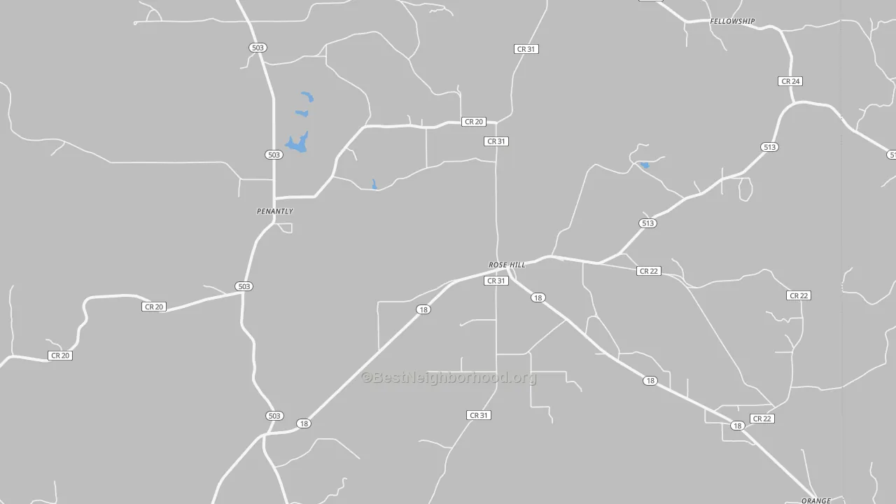 Walk Grade map of 39356, MS, walkable areas in green and car-dependent areas in red