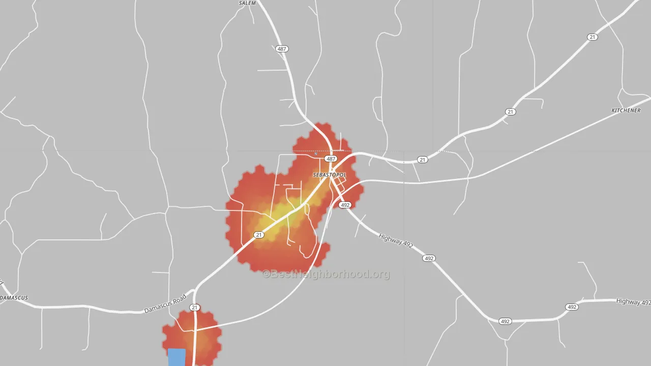 Walk Grade map of 39359, MS, walkable areas in green and car-dependent areas in red