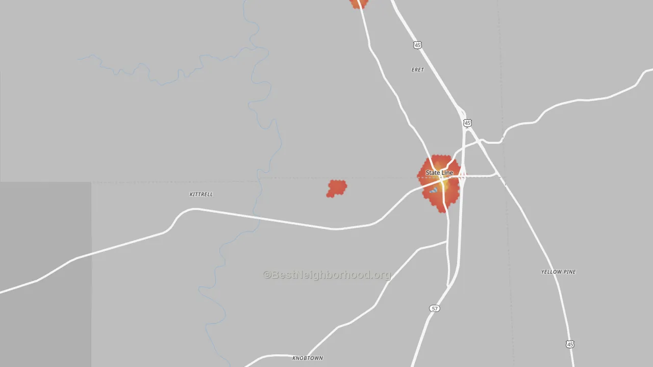 Walk Grade map of 39362, MS, walkable areas in green and car-dependent areas in red