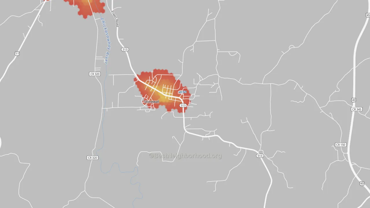 Walk Grade map of 39363, MS, walkable areas in green and car-dependent areas in red