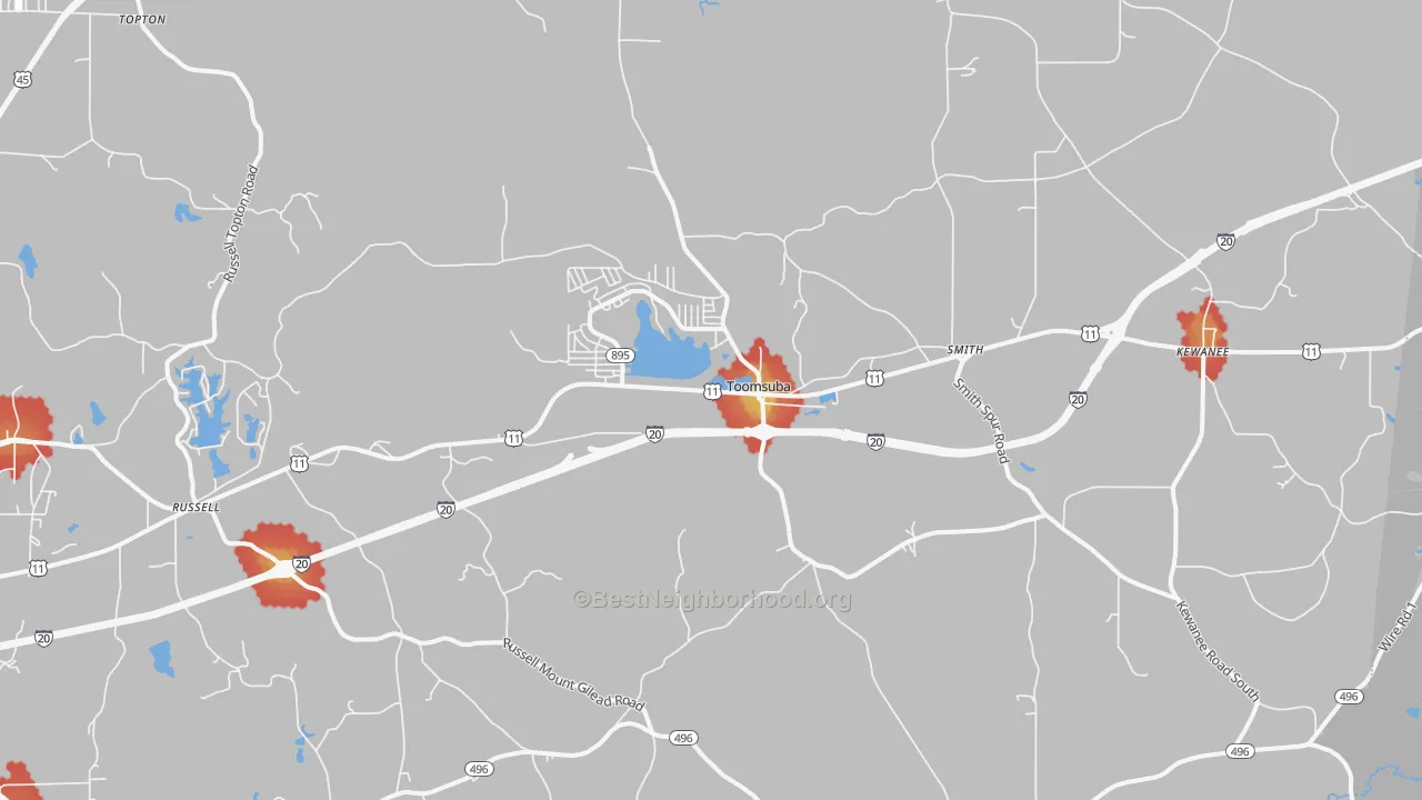 Walk Grade map of 39364, MS, walkable areas in green and car-dependent areas in red