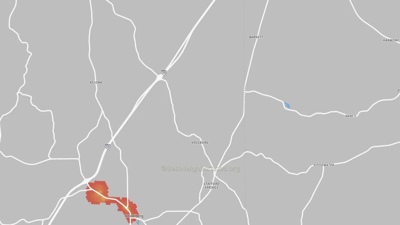 Walk Grade map of 39366, MS, walkable areas in green and car-dependent areas in red