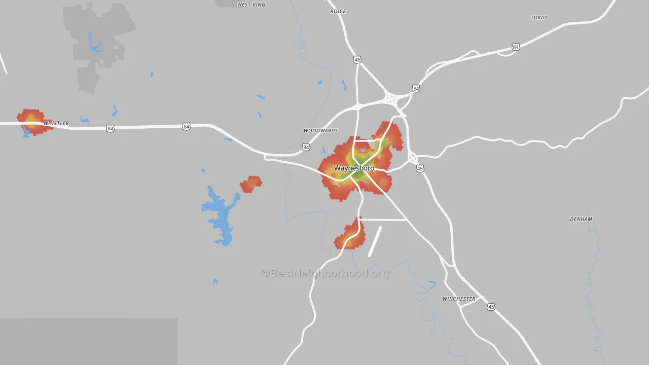 Walk Grade map of 39367, MS, walkable areas in green and car-dependent areas in red