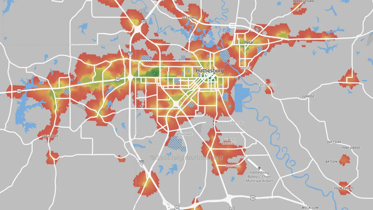 Walk Grade map of 39401, MS, walkable areas in green and car-dependent areas in red