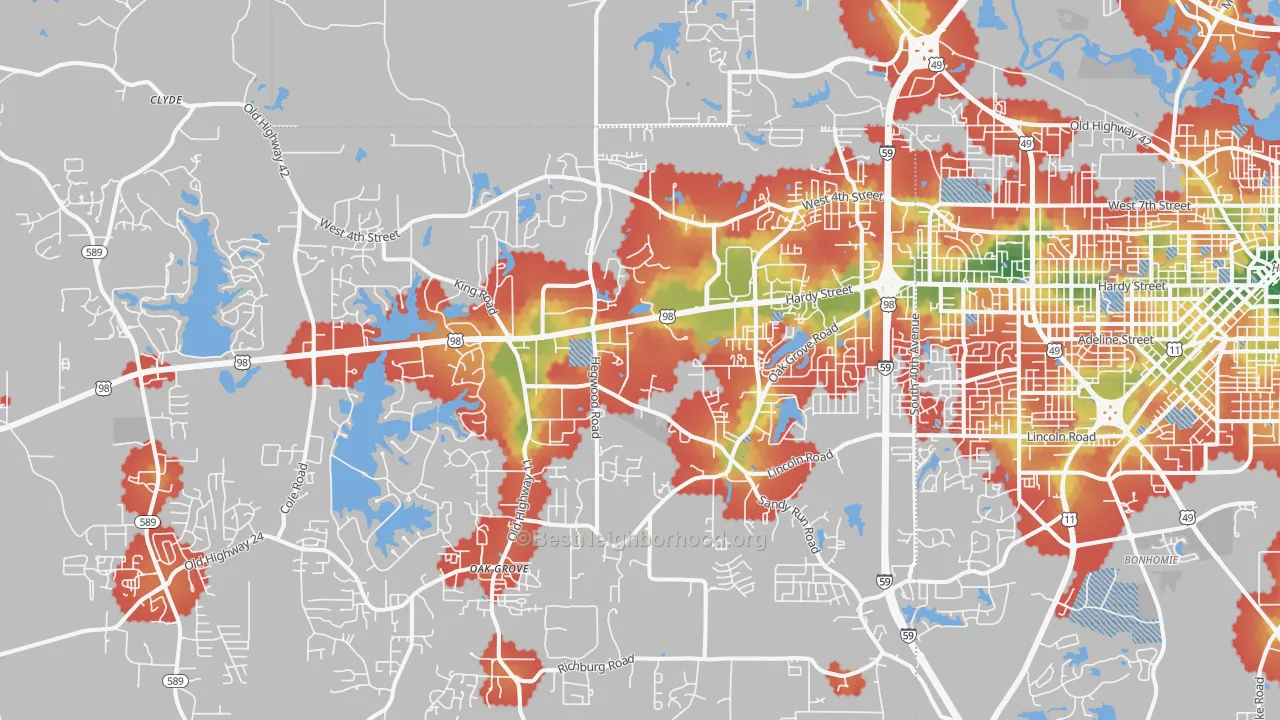 Walk Grade map of 39402, MS, walkable areas in green and car-dependent areas in red