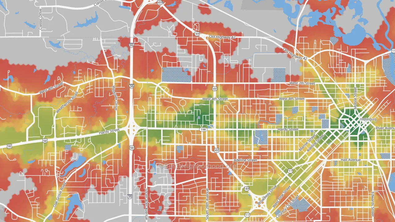 Walk Grade map of 39406, MS, walkable areas in green and car-dependent areas in red
