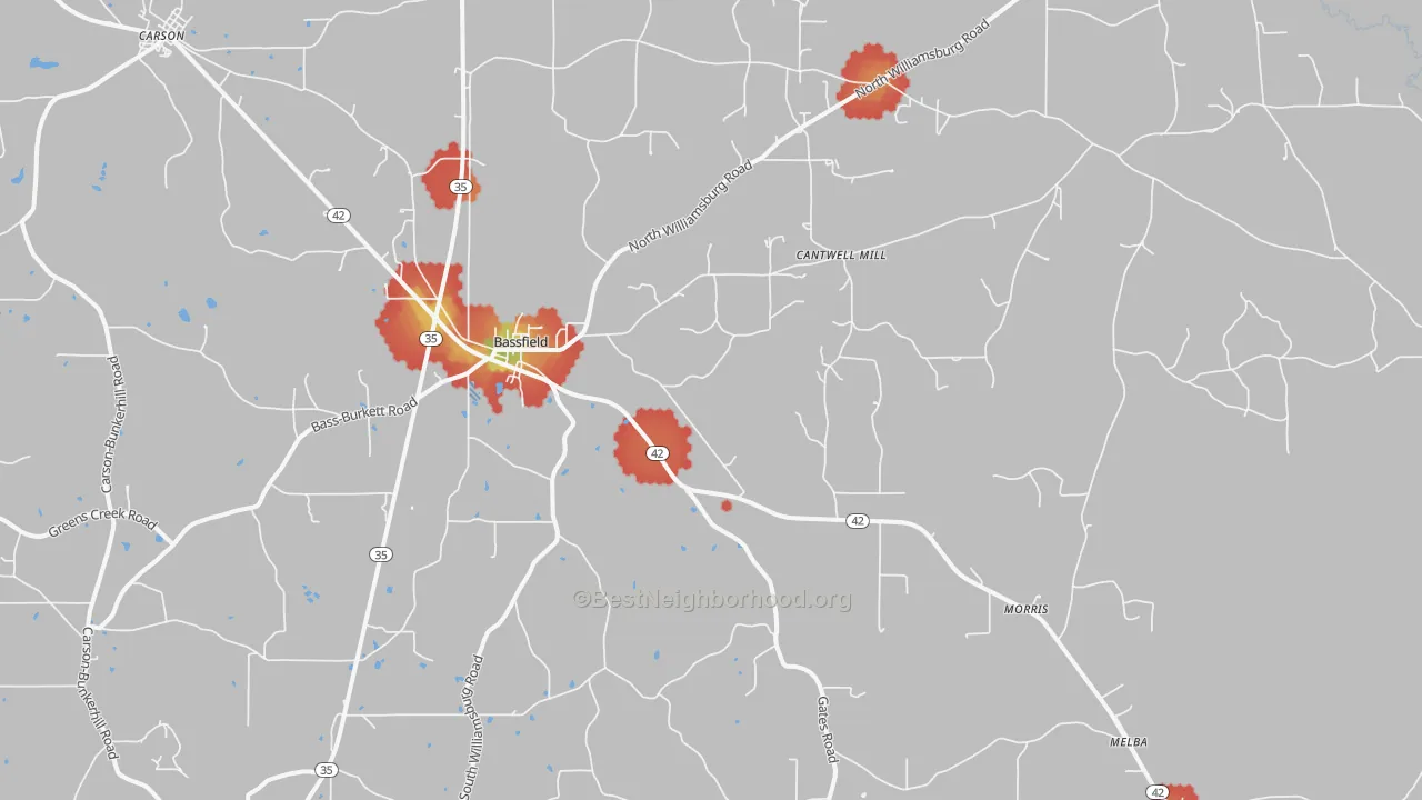 Walk Grade map of 39421, MS, walkable areas in green and car-dependent areas in red