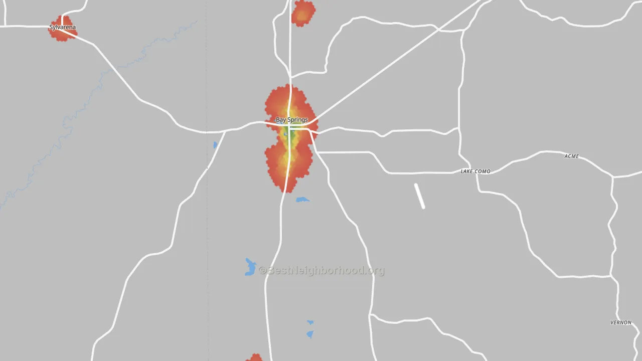Walk Grade map of 39422, MS, walkable areas in green and car-dependent areas in red