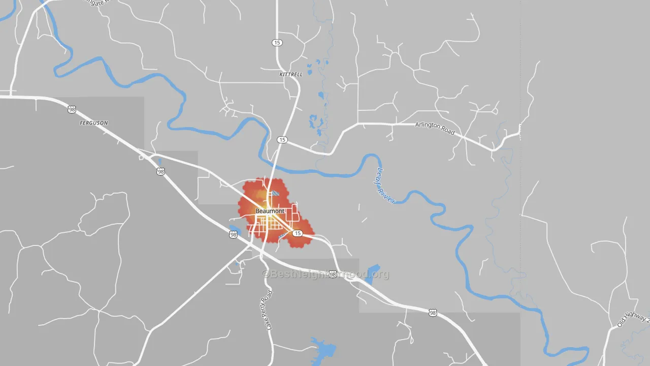 Walk Grade map of 39423, MS, walkable areas in green and car-dependent areas in red