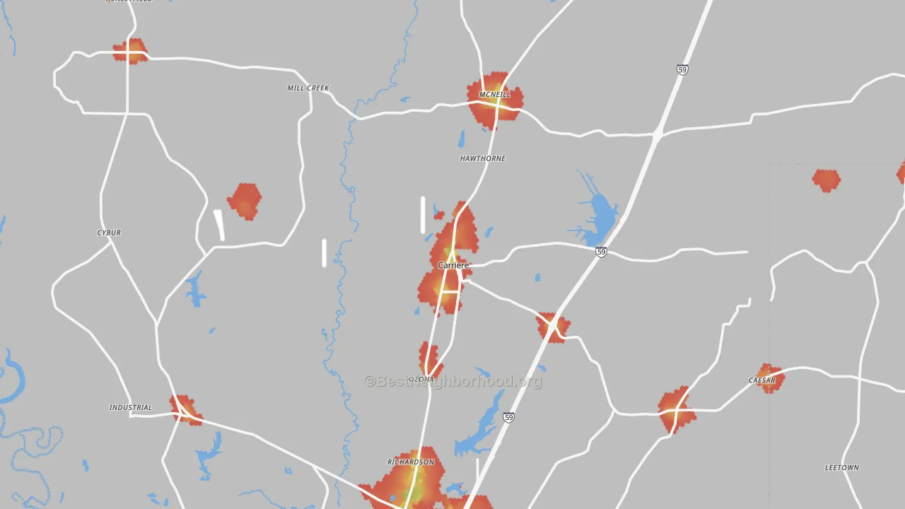 Walk Grade map of 39426, MS, walkable areas in green and car-dependent areas in red