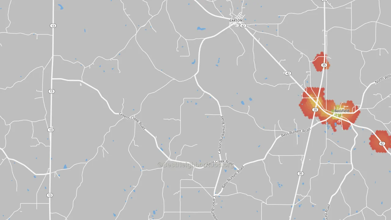 Walk Grade map of 39427, MS, walkable areas in green and car-dependent areas in red
