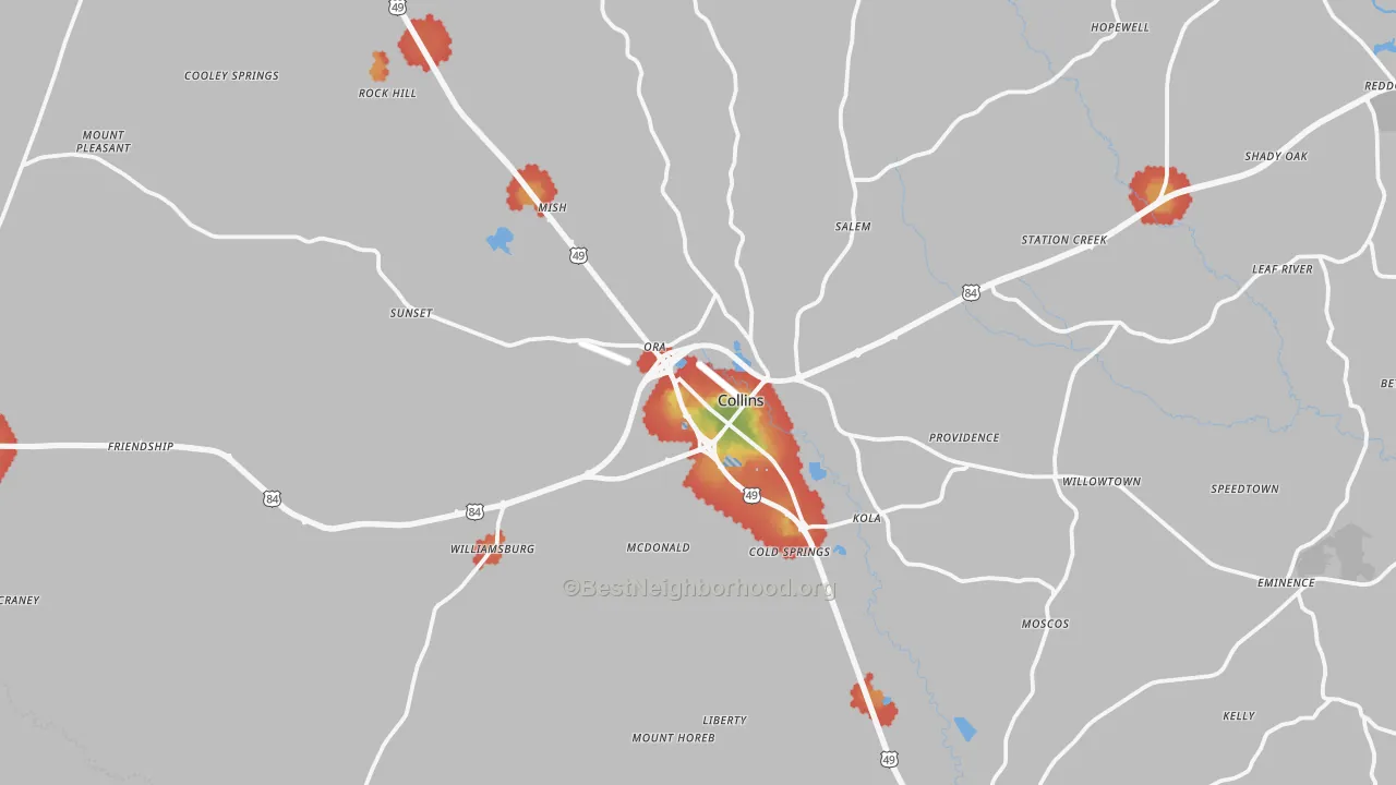 Walk Grade map of 39428, MS, walkable areas in green and car-dependent areas in red