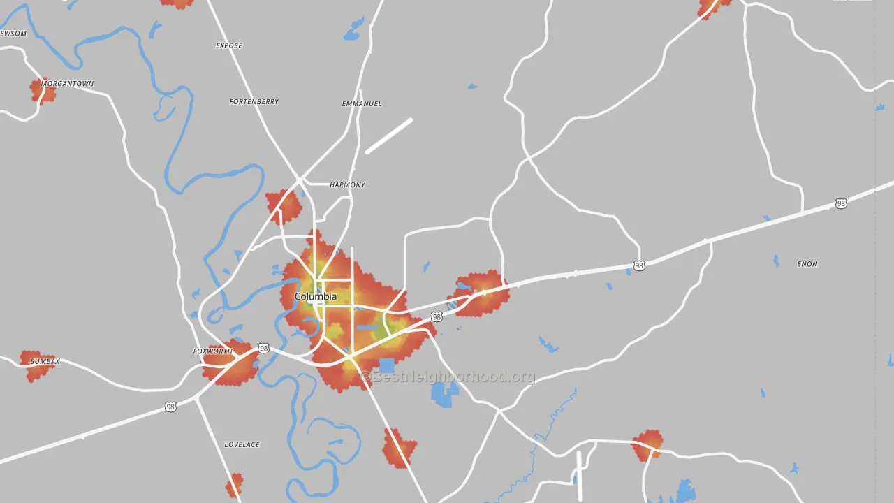Walk Grade map of 39429, MS, walkable areas in green and car-dependent areas in red