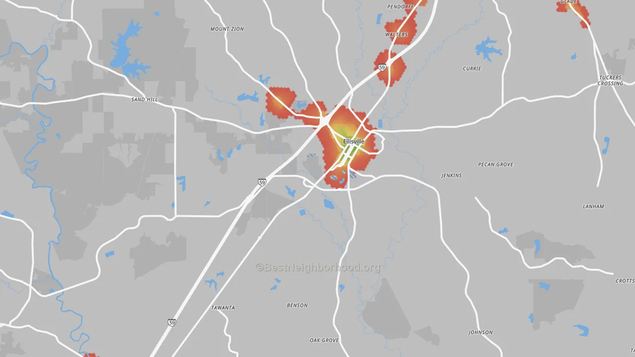 Walk Grade map of 39437, MS, walkable areas in green and car-dependent areas in red
