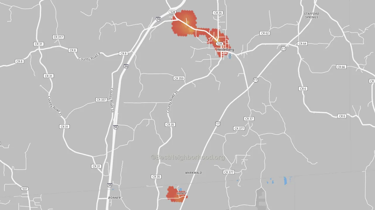 Walk Grade map of 39439, MS, walkable areas in green and car-dependent areas in red
