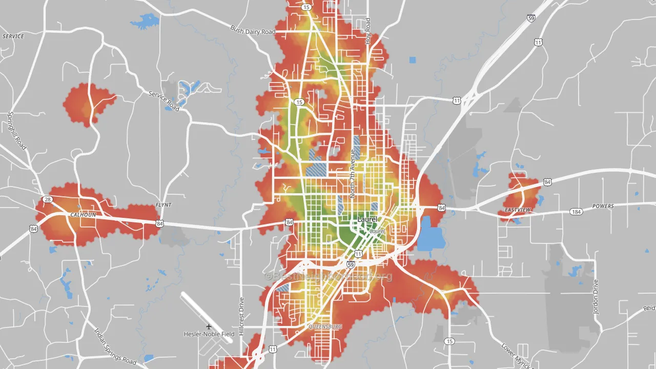 Walk Grade map of 39440, MS, walkable areas in green and car-dependent areas in red