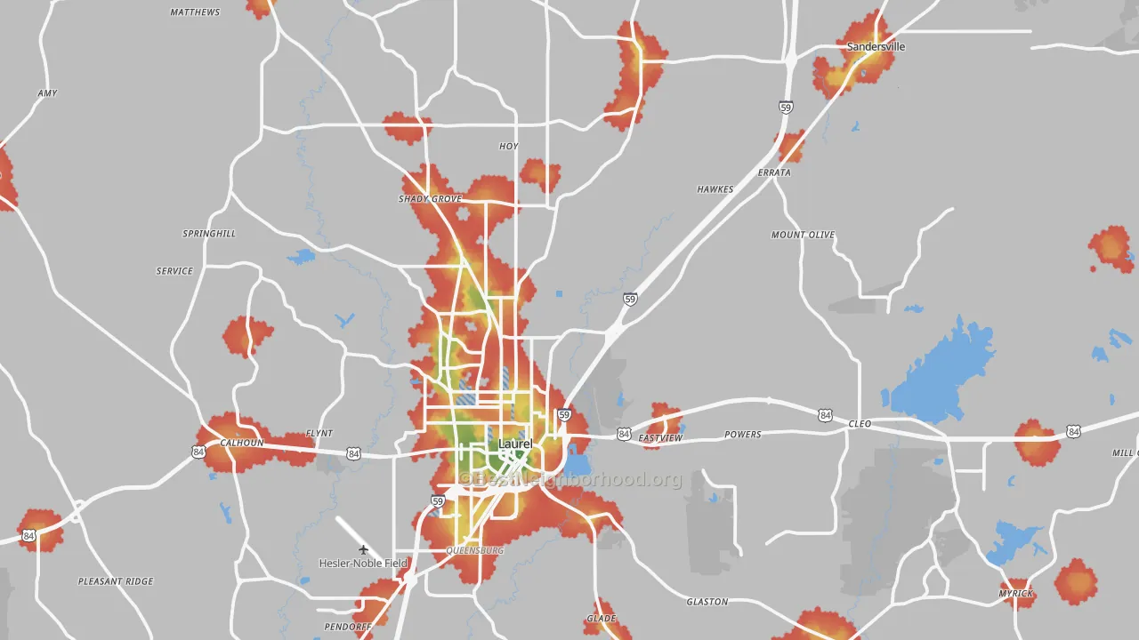 Walk Grade map of 39443, MS, walkable areas in green and car-dependent areas in red
