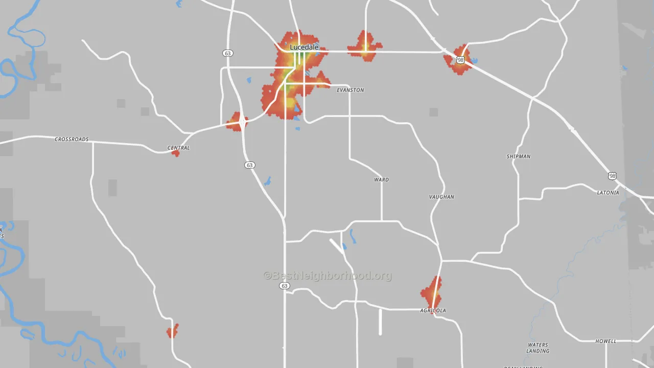 Walk Grade map of 39452, MS, walkable areas in green and car-dependent areas in red