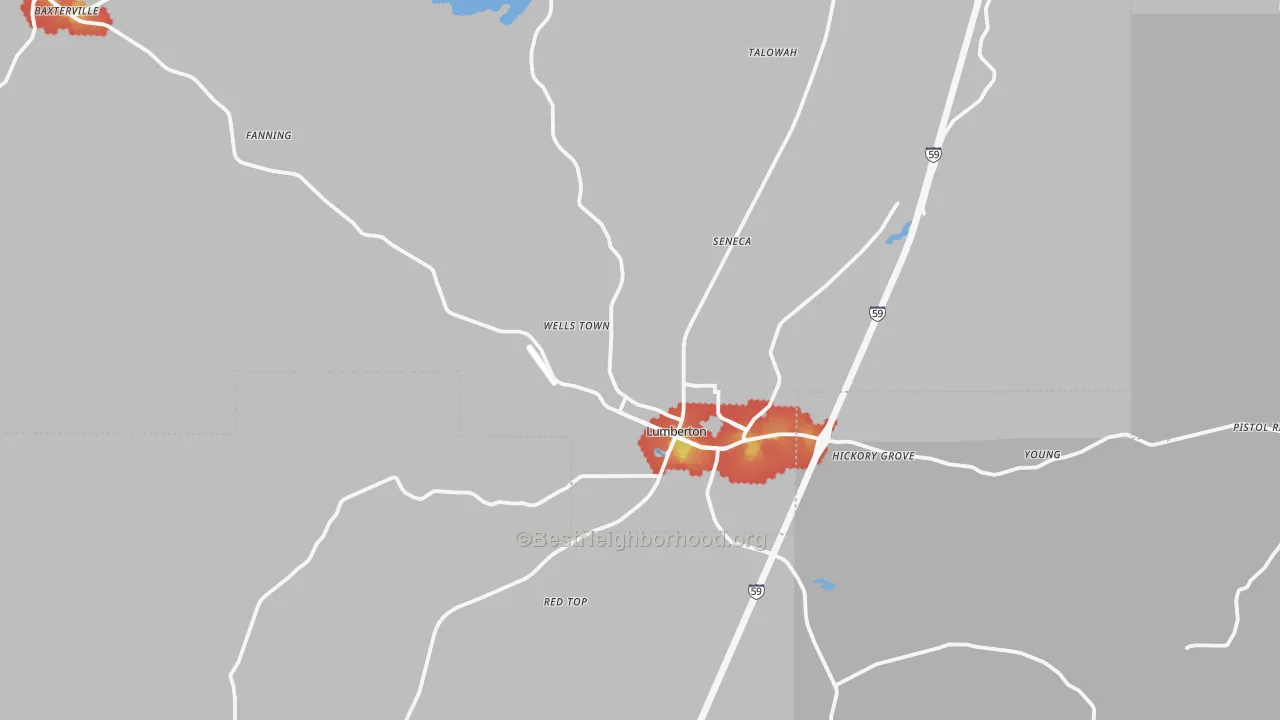 Walk Grade map of 39455, MS, walkable areas in green and car-dependent areas in red