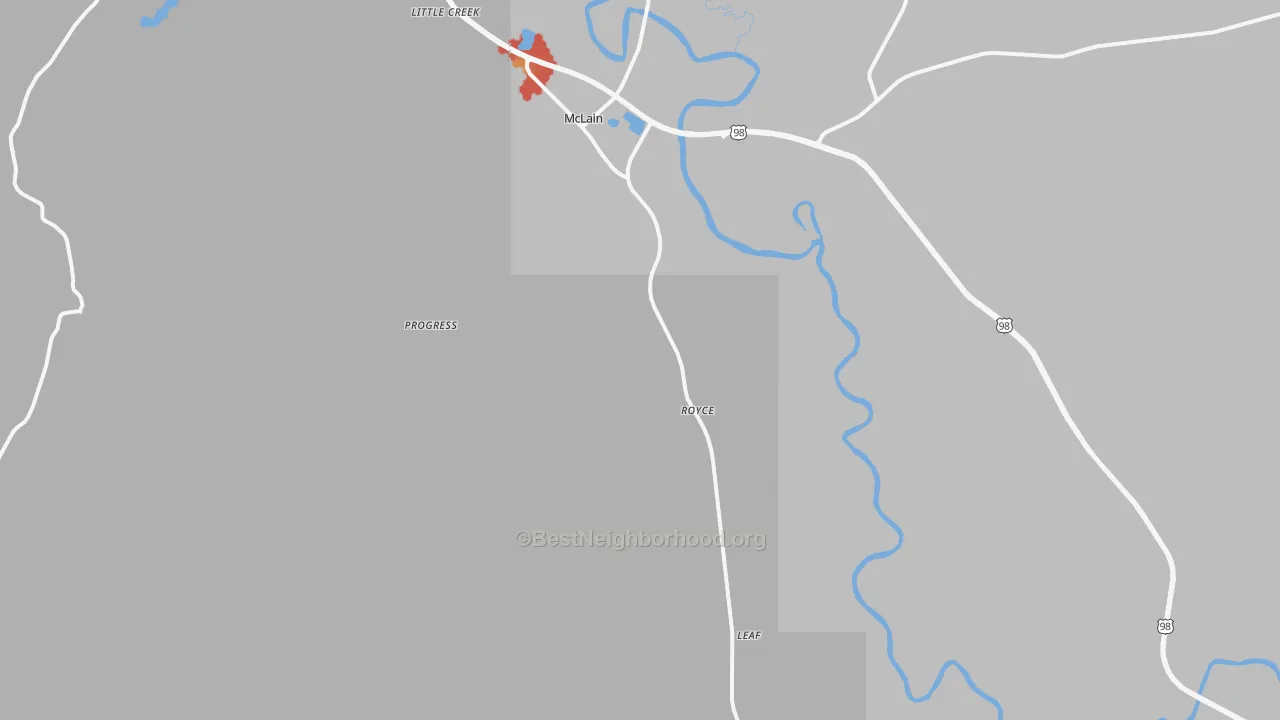 Walk Grade map of 39456, MS, walkable areas in green and car-dependent areas in red