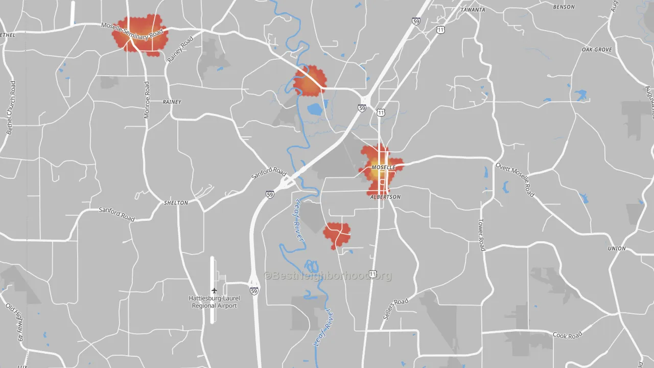 Walk Grade map of 39459, MS, walkable areas in green and car-dependent areas in red