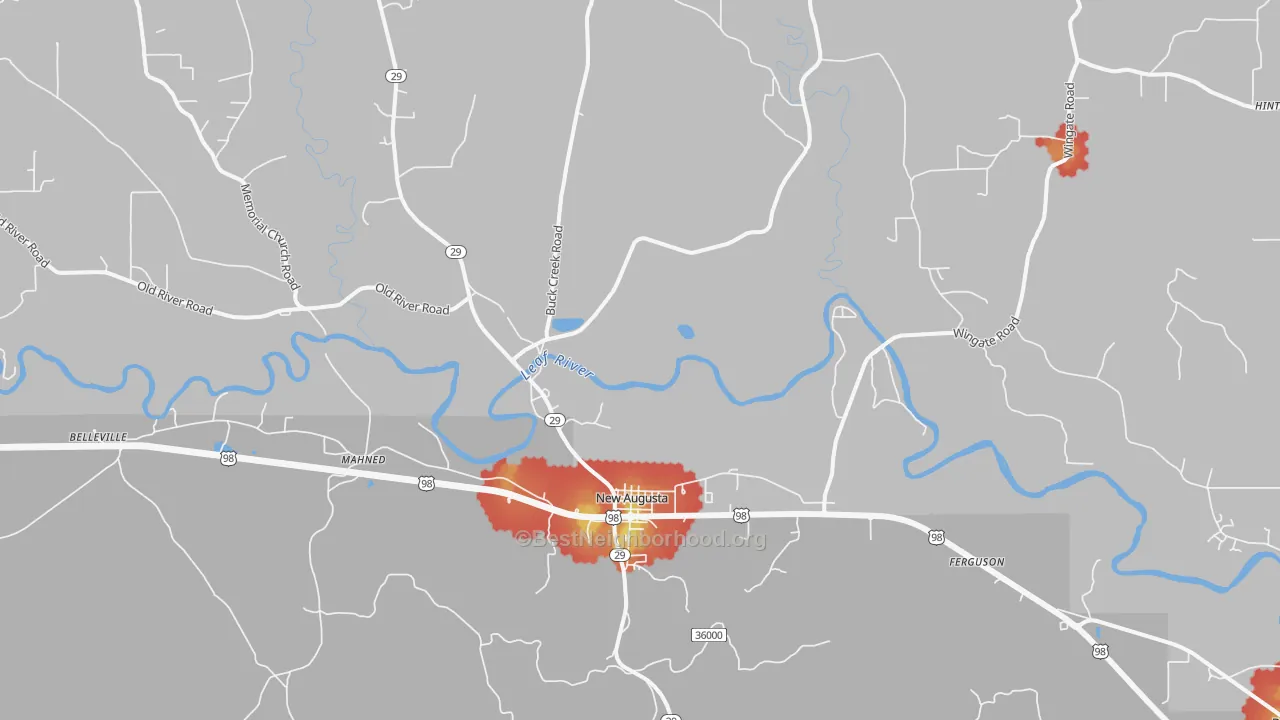 Walk Grade map of 39462, MS, walkable areas in green and car-dependent areas in red