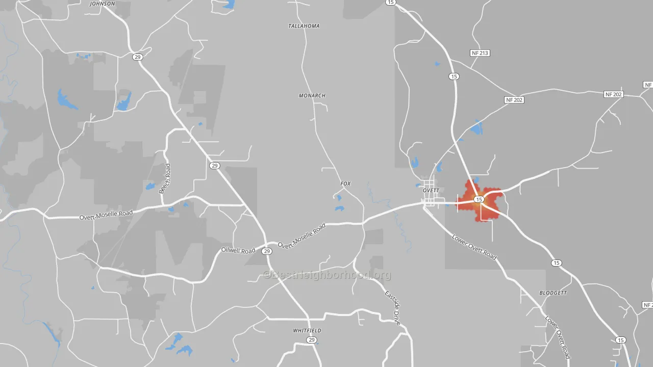 Walk Grade map of 39464, MS, walkable areas in green and car-dependent areas in red