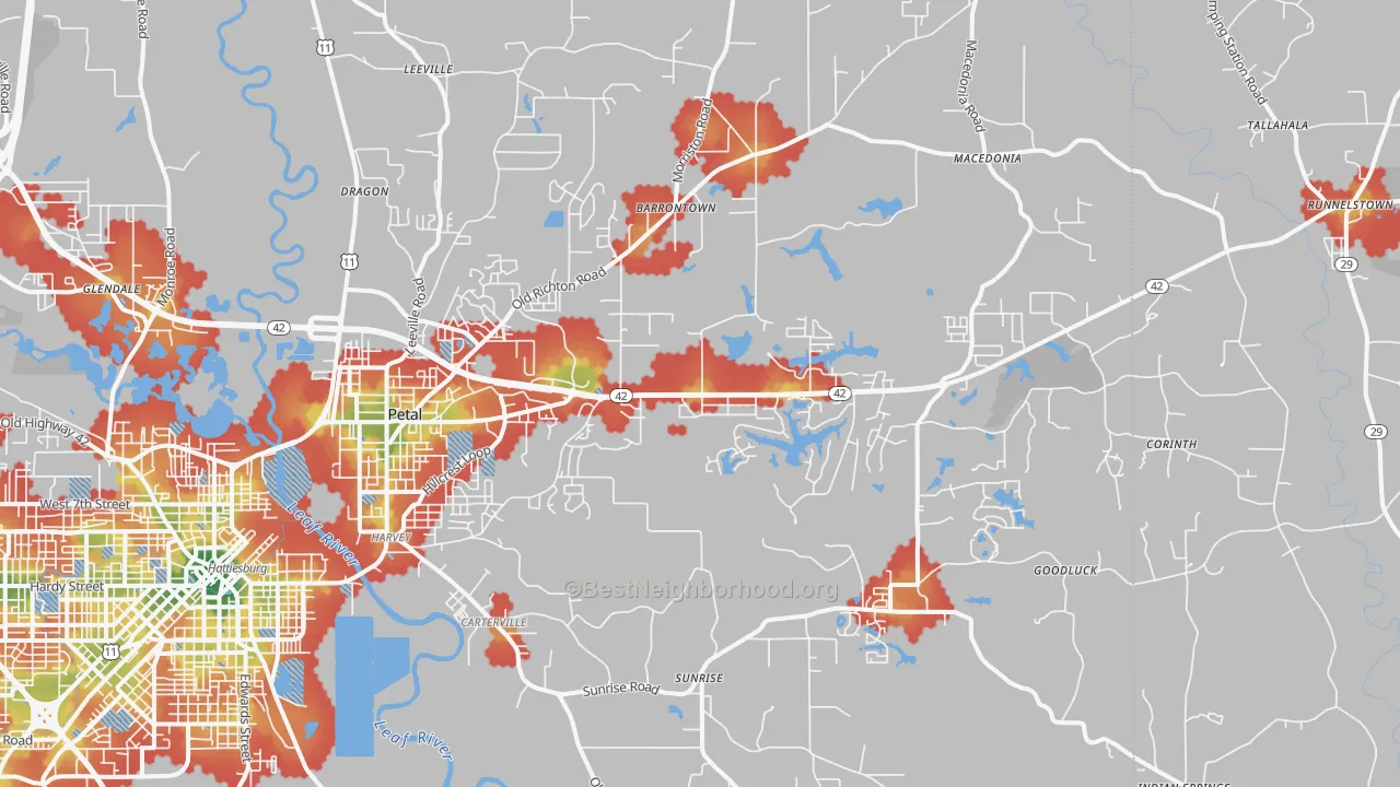 Walk Grade map of 39465, MS, walkable areas in green and car-dependent areas in red