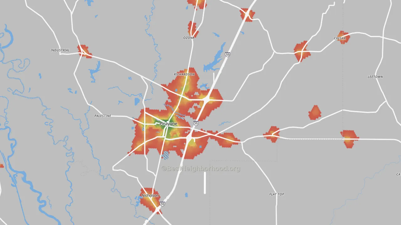 Walk Grade map of 39466, MS, walkable areas in green and car-dependent areas in red