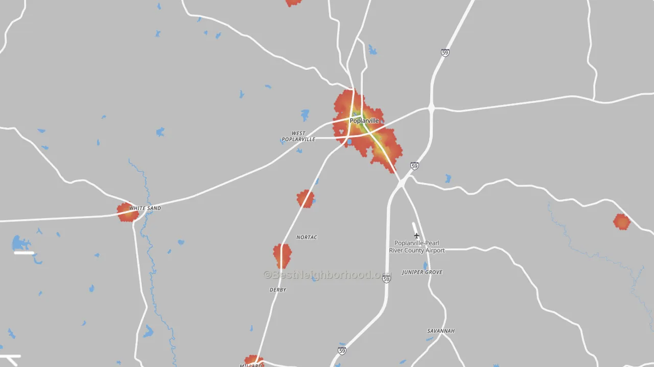 Walk Grade map of 39470, MS, walkable areas in green and car-dependent areas in red
