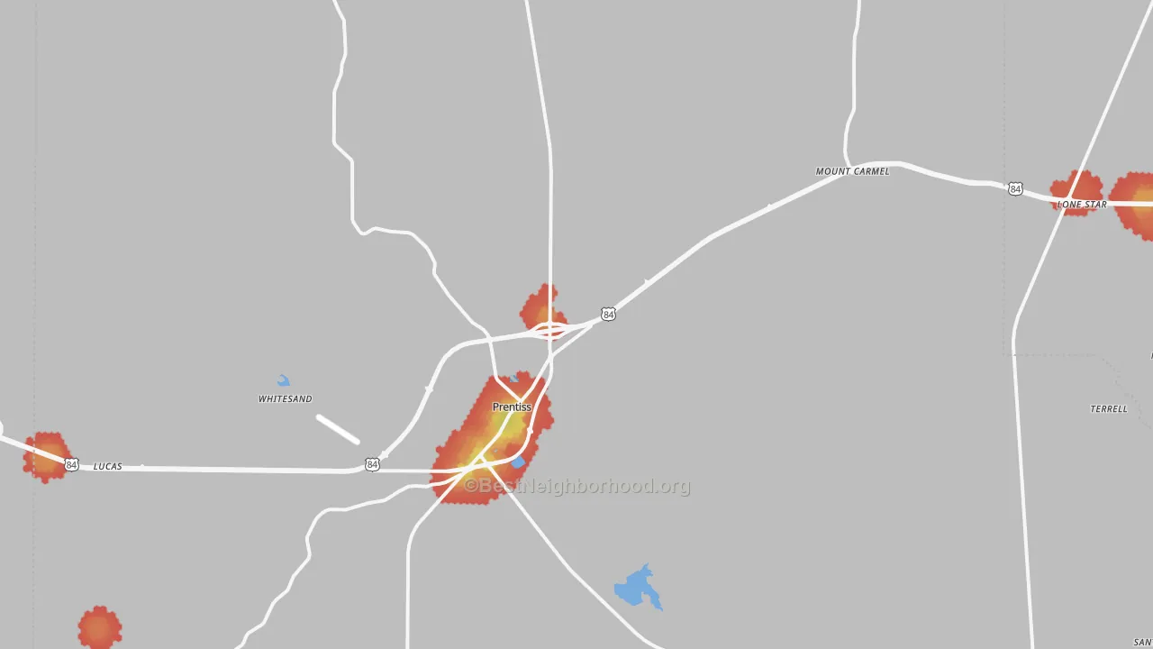Walk Grade map of 39474, MS, walkable areas in green and car-dependent areas in red