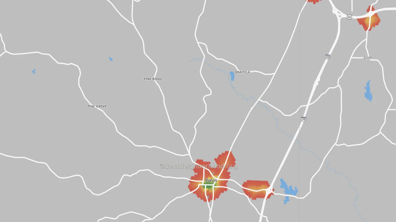 Walk Grade map of 39475, MS, walkable areas in green and car-dependent areas in red
