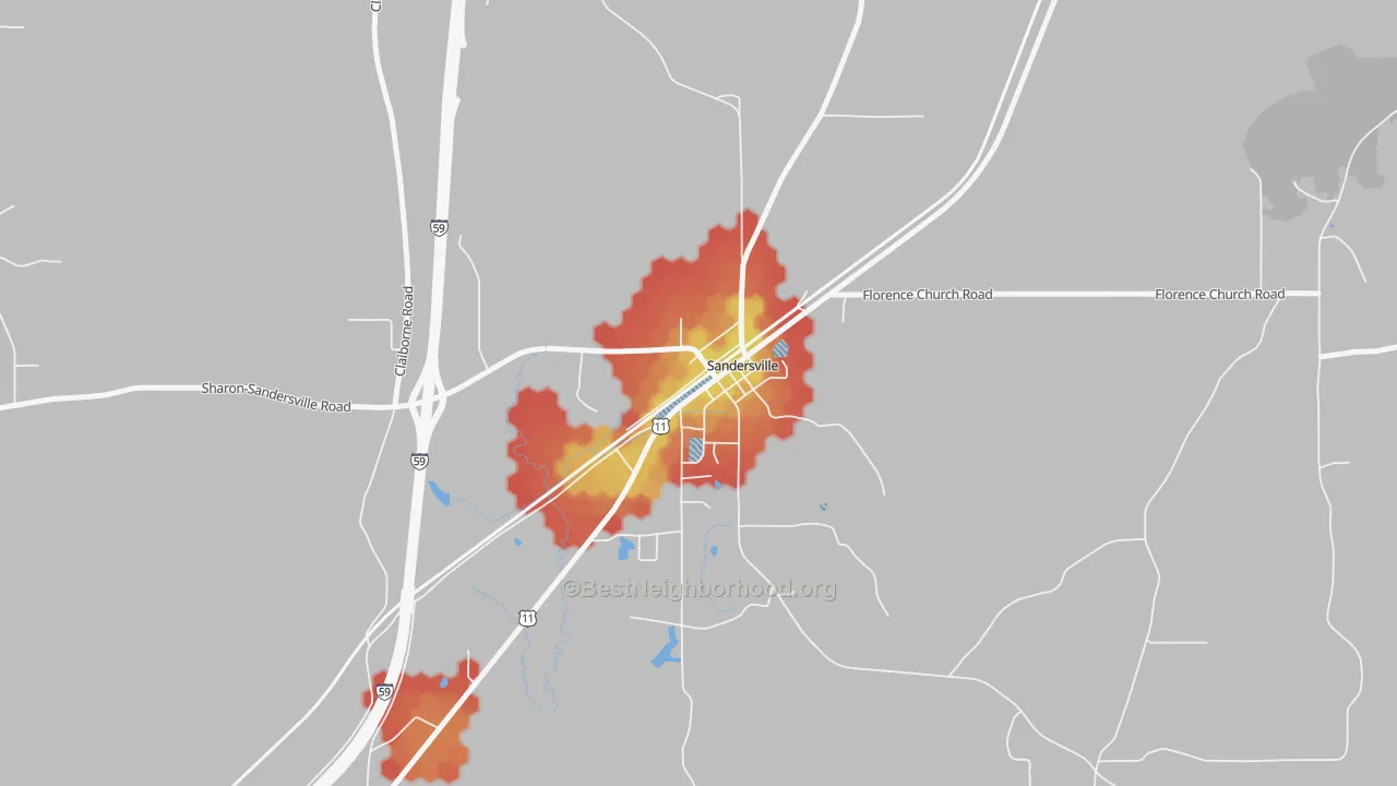 Walk Grade map of 39477, MS, walkable areas in green and car-dependent areas in red
