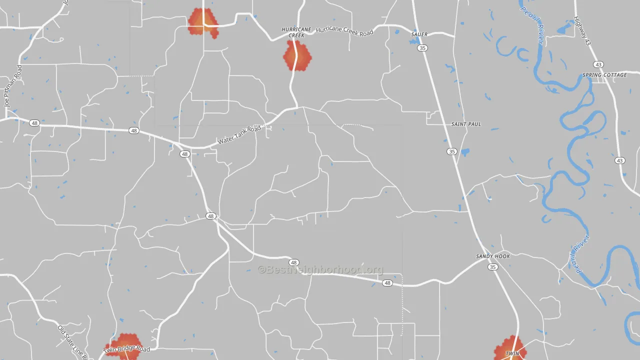 Walk Grade map of 39478, MS, walkable areas in green and car-dependent areas in red