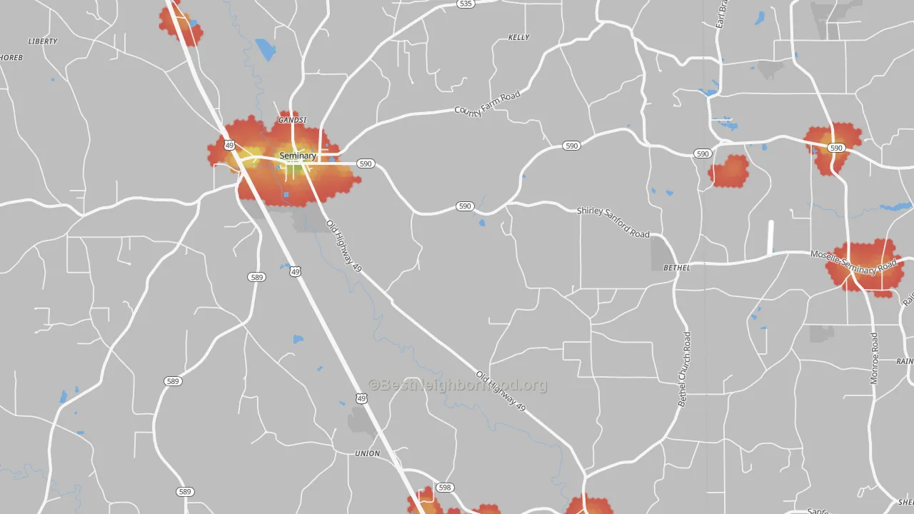 Walk Grade map of 39479, MS, walkable areas in green and car-dependent areas in red