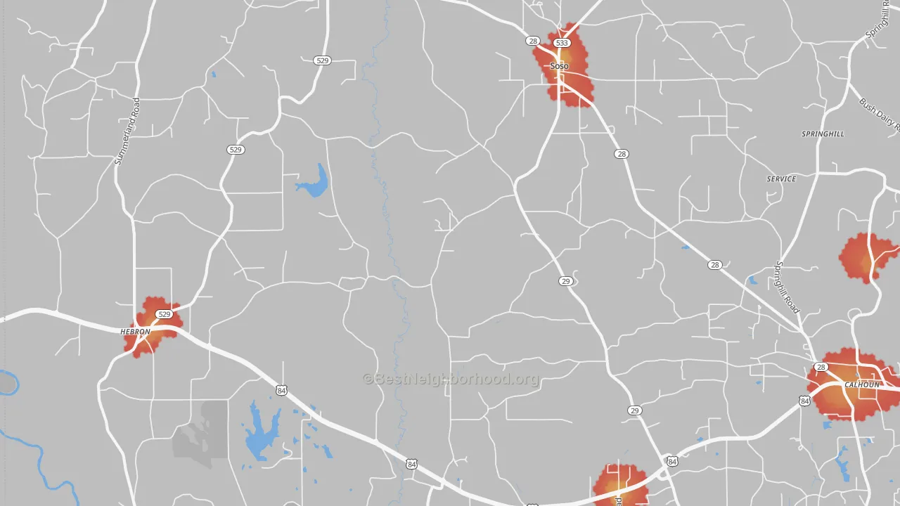 Walk Grade map of 39480, MS, walkable areas in green and car-dependent areas in red