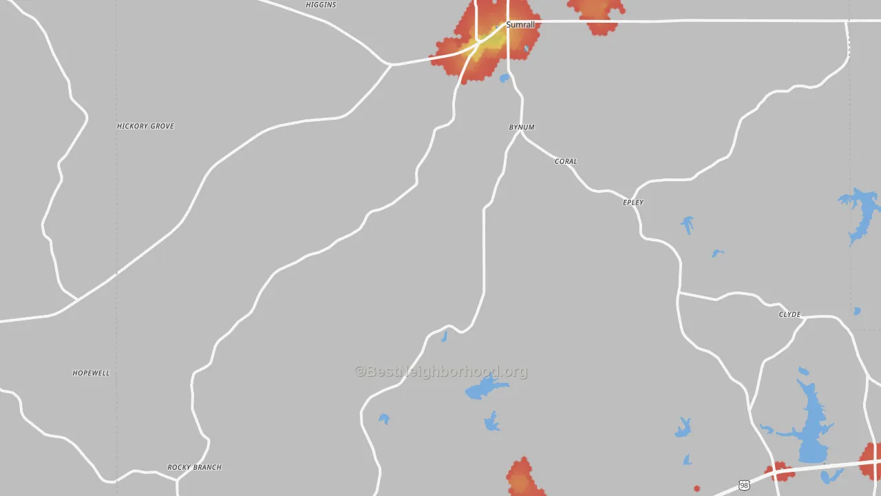 Walk Grade map of 39482, MS, walkable areas in green and car-dependent areas in red
