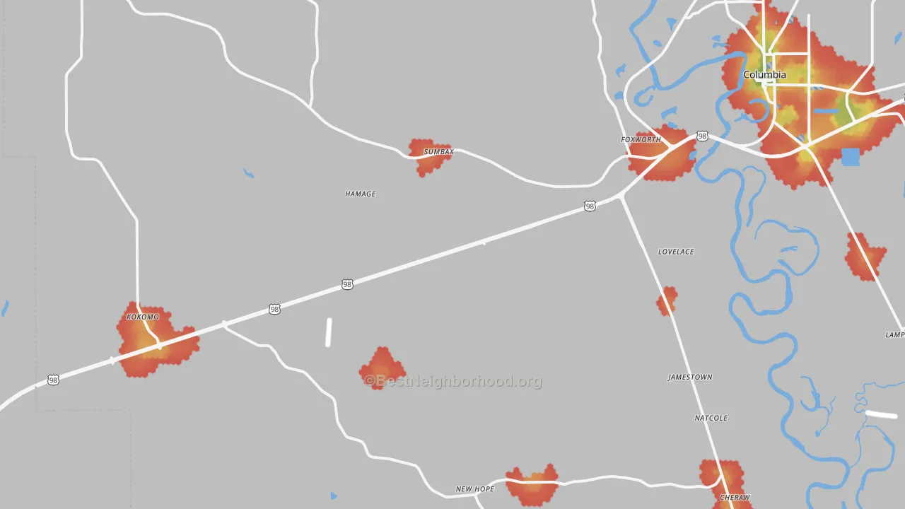 Walk Grade map of 39483, MS, walkable areas in green and car-dependent areas in red