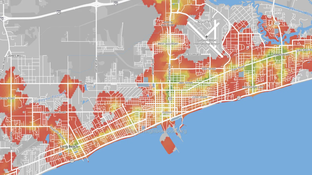 Walk Grade map of 39501, MS, walkable areas in green and car-dependent areas in red