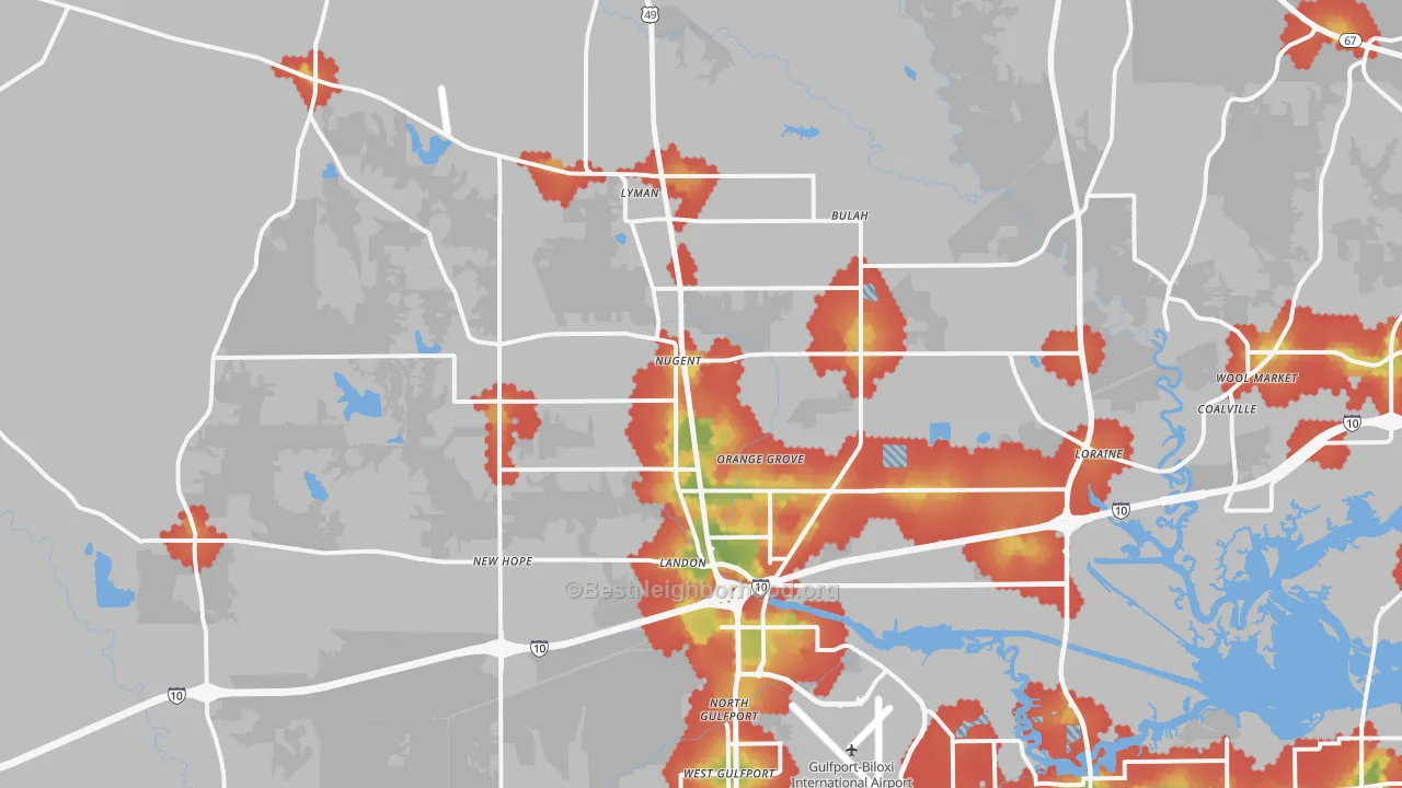 Walk Grade map of 39503, MS, walkable areas in green and car-dependent areas in red